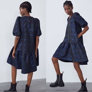 NEW ZARA Jacquard Camo Puff Sleeve Dress